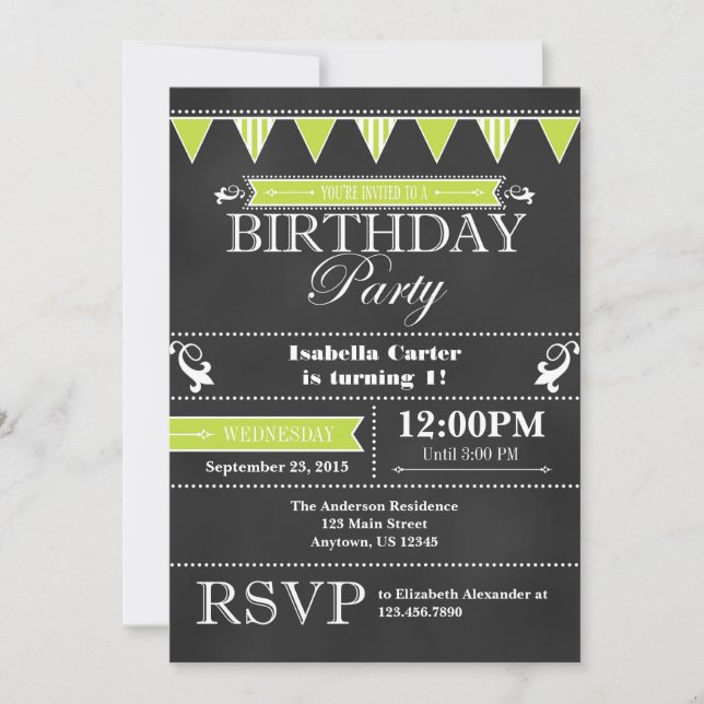 Lime Green Black Chalkboard Birthday Invitation (Front)