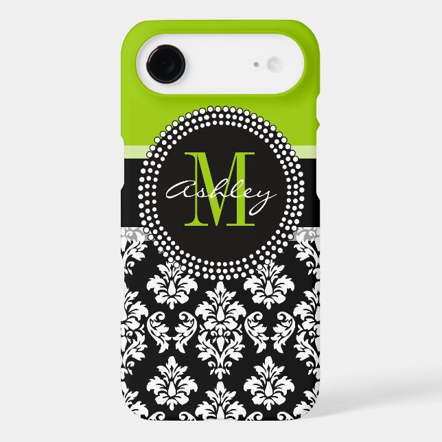 Lime Green Black Damask Pattern Monogrammed Case-Mate iPhone Case (Back)