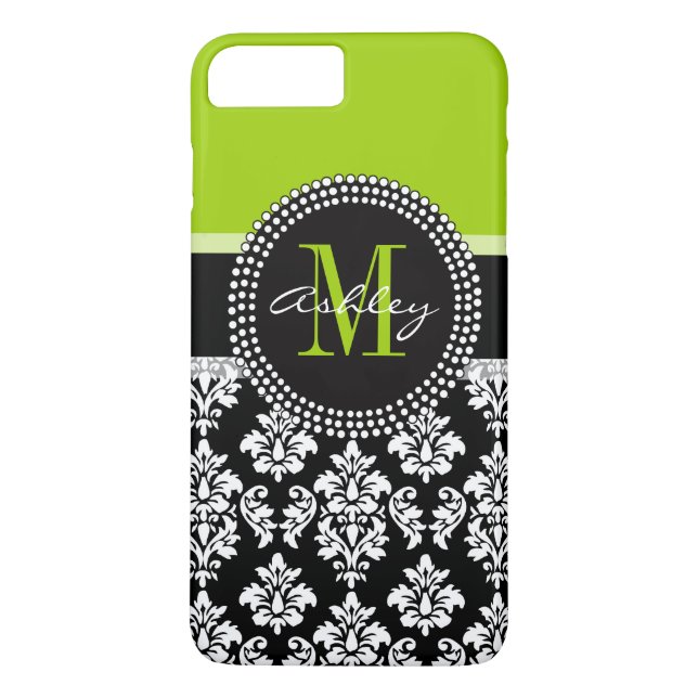 Lime Green Black Damask Pattern Monogrammed Case-Mate iPhone Case (Back)