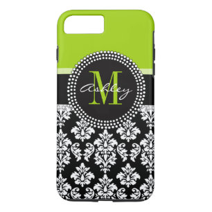 Lime Green Black Damask Pattern Monogrammed iPhone 8 Plus/7 Plus Case