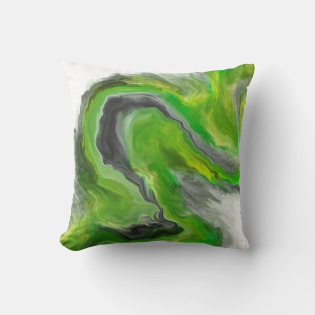 Lime Green Black Grey Jewel Tone Fluid Art Swirl Cushion (Front)