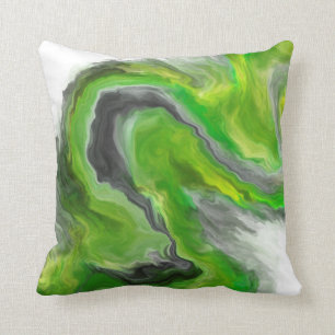 Lime Green Black Grey Jewel Tone Fluid Art Swirl Cushion