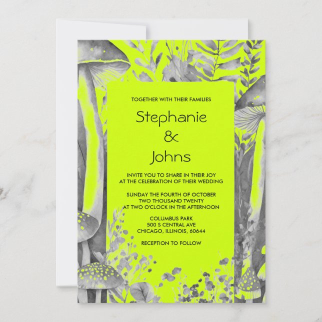 Lime Green Black Grey Mushroom Woodland Wedding Invitation (Front)