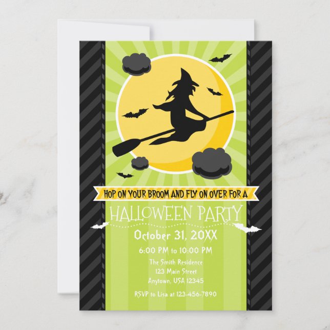 Lime Green Black Grey Witch Halloween Invitation (Front)