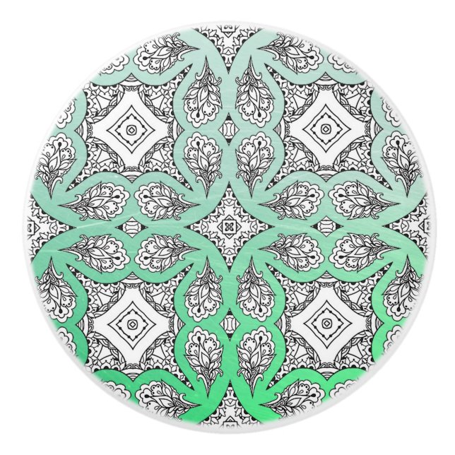 Lime Green Black Mandala Decorative Ceramic Knob (Front)