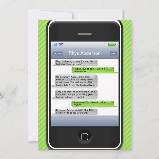 Lime Green/Black Smart Phone iParty Birthday Party Invitation (Front)