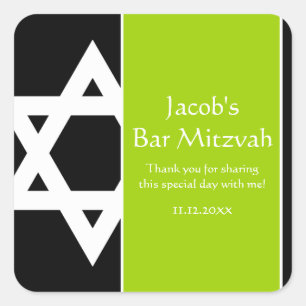 Lime Green Black Star of David Bar Mitzvah Favour Square Sticker