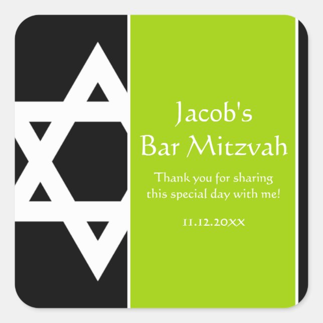 Lime Green Black Star of David Bar Mitzvah Favour Square Sticker (Front)
