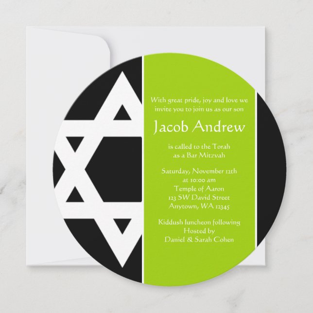 Lime Green Black Star of David Round Bar Mitzvah Invitation (Front)