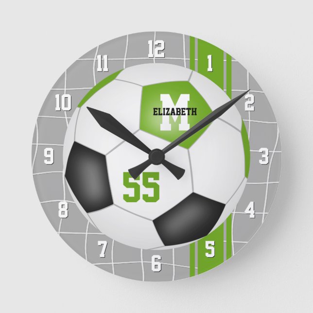 lime green black varsity stripes soccer player round clock (Front)