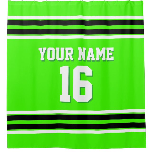 Lime Green Black White Stripes Sports Jersey Shower Curtain (Front)