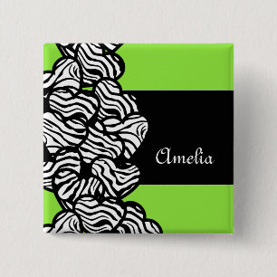 Lime green black white zebra pattern heart name 15 cm square badge