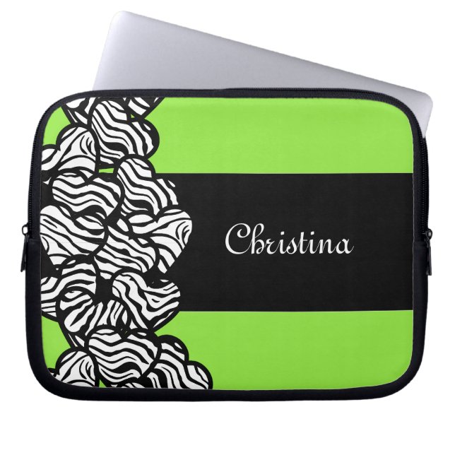 Lime green black white zebra pattern heart name  laptop sleeve (Front)
