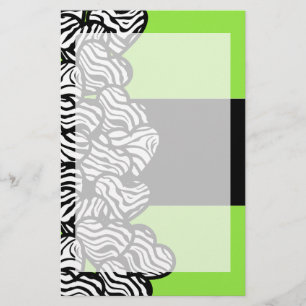 Lime green black white zebra pattern heart name  stationery