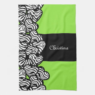 Lime green black white zebra pattern heart name  tea towel