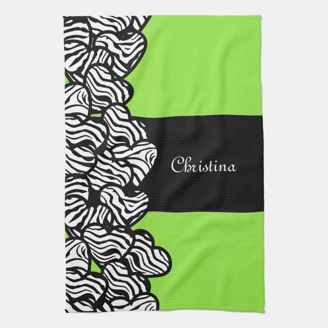 Lime green black white zebra pattern heart name  tea towel (Vertical)