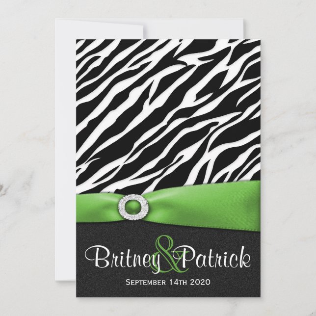 Lime Green Black White Zebra Wedding Invitations (Front)