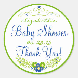 Lime Green & Blue Baby Shower- Floral Classic Round Sticker