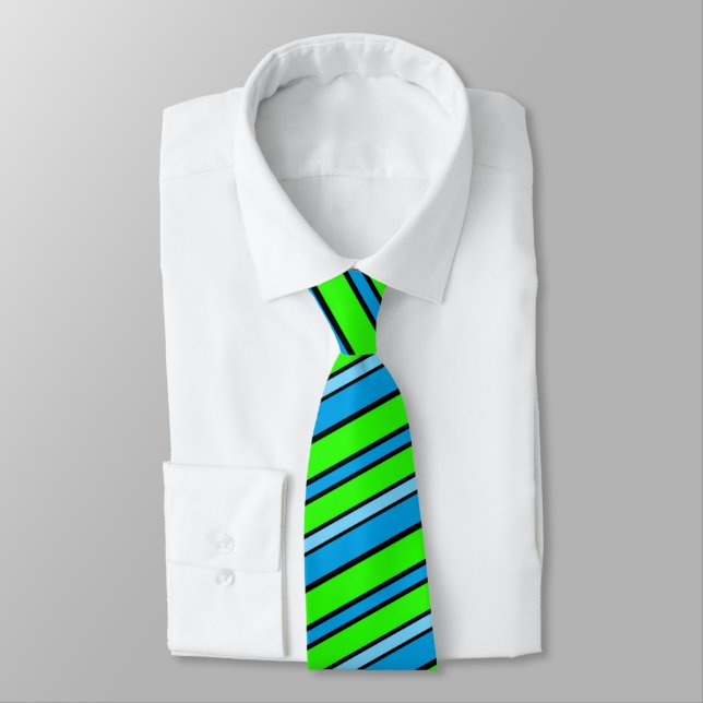 Lime Green, Blue, Black Diagonal Stripes Men's Tie (Tied)