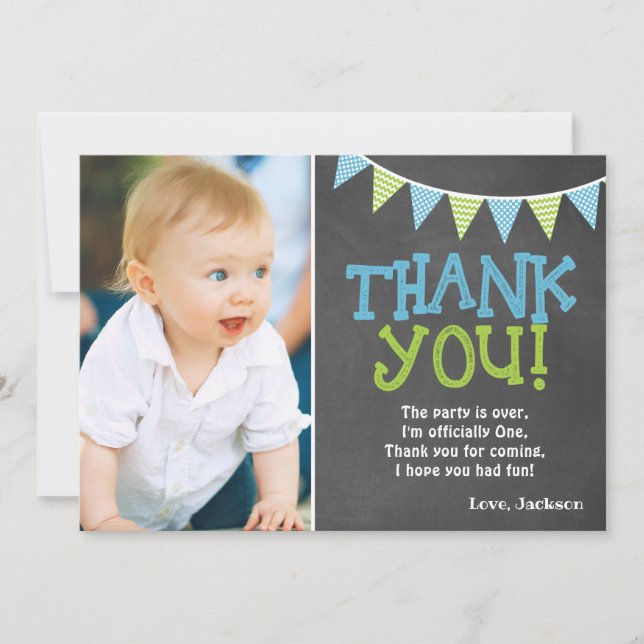 Lime Green & Blue Chalkboard Boy First Birthday Thank You Card (Front)