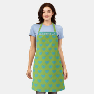 Lime Green Blue Cute Heart Pattern Personalised Apron