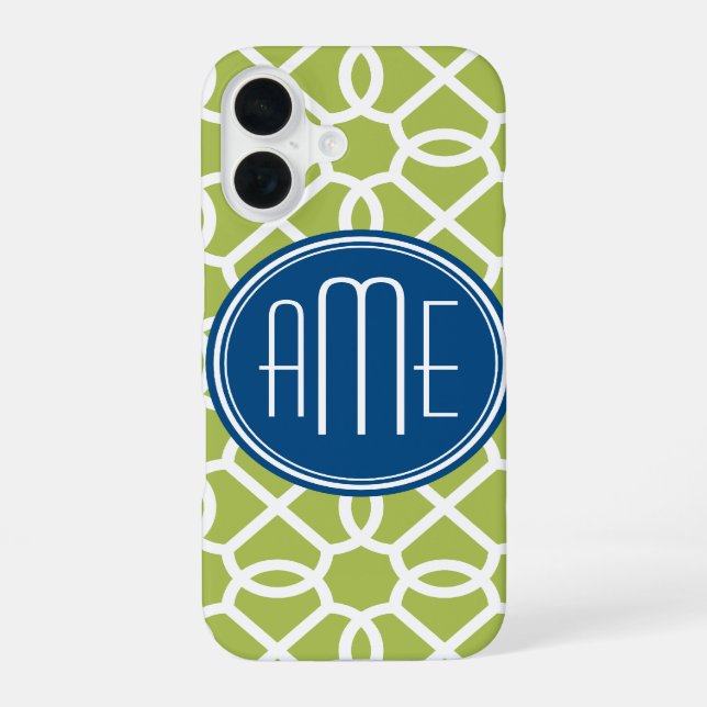 Lime Green & Blue Geometric Pattern Monograms iPhone 16 Case (Back)