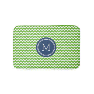 Lime Green Blue Monogram Chevron Stripes Bathmat