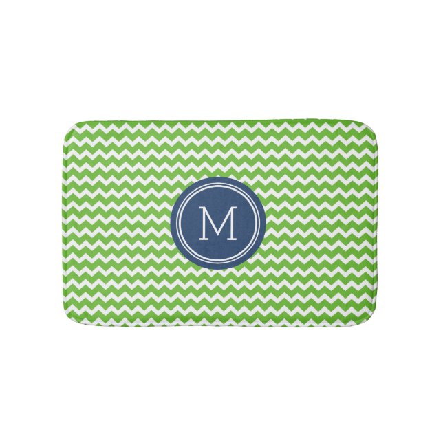 Lime Green Blue Monogram Chevron Stripes Bathmat (Front)