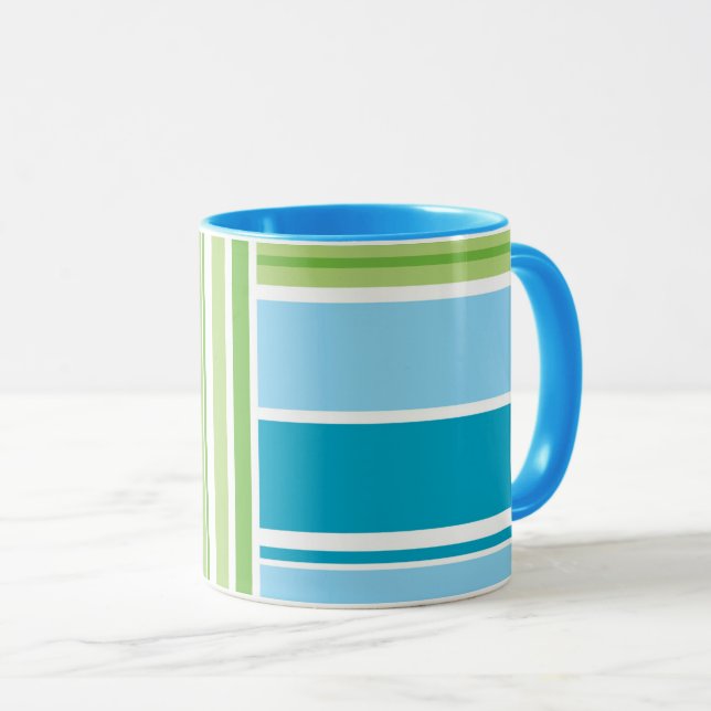 Lime Green Blue Stripe Retro Pattern Mug (Front Right)