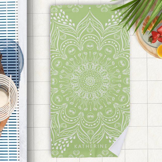 Lime Green Boho Mandala Personalised Beach Towel (Personalized Lime Green Beach Towel with Boho Mandala Pattern)