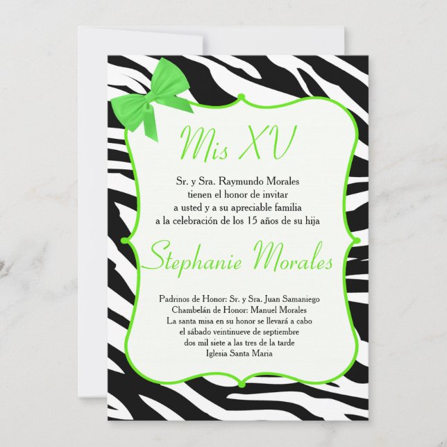 Lime Green Bow and Zebra Quinceanera Invitation (Front)
