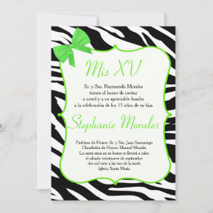 Lime Green Bow and Zebra Quinceanera Invitation