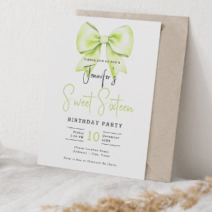 Lime Green Bow Coquette Cute Script Sweet 16 Invitation