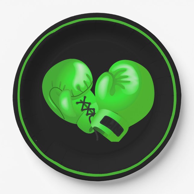 Lime Green Boxing Gloves Design Paper Party Plate (Front)