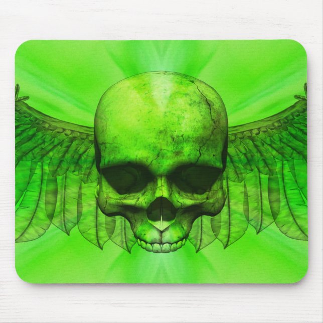 Lime Green Burst Winged Skull Mouse Mat (Front)