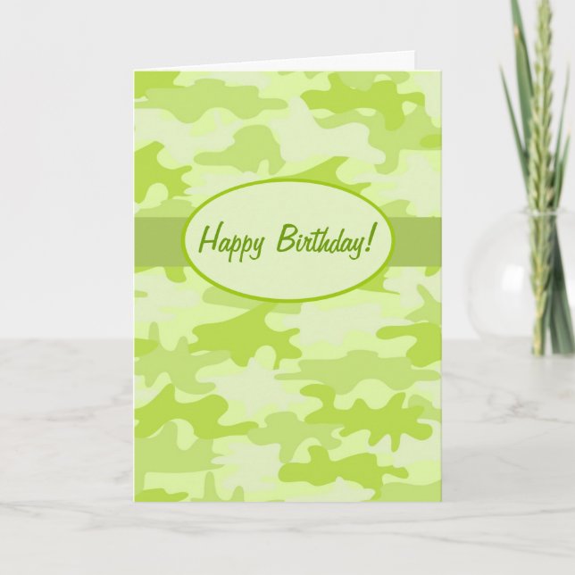Lime Green Camo Camouflage Happy Birthday Custom Card (Front)
