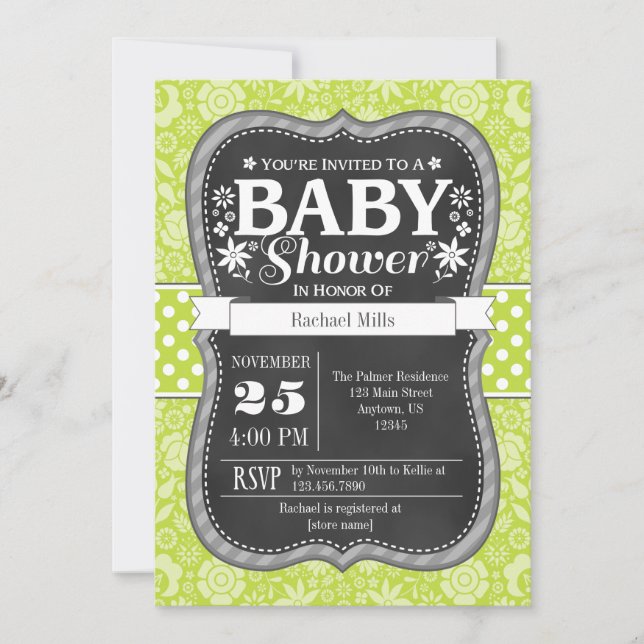Lime Green Chalkboard Floral Baby Shower Invite (Front)