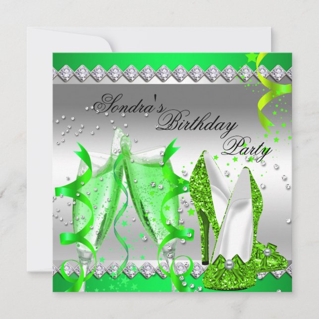 Lime Green Champagne Glitter Shoes Birthday Party Invitation (Front)