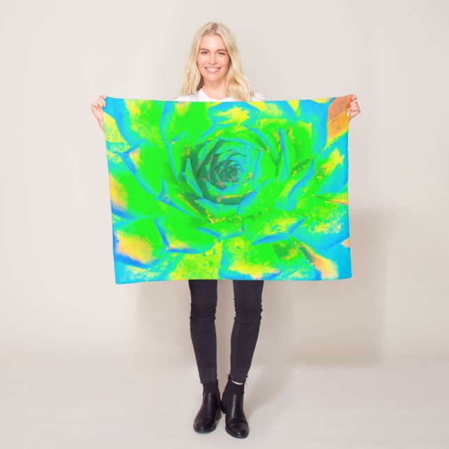 Lime Green Chartreuse Succulent Sedum Rosette Fleece Blanket (In Situ)