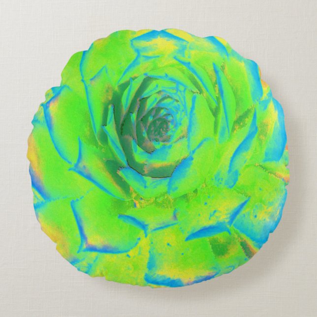 Lime Green Chartreuse Succulent Sedum Rosette Round Cushion (Front)