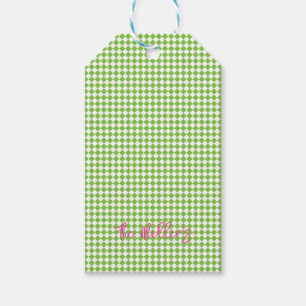 Lime Green Check Preppy Pink NAME Festive Fun Gift Tags