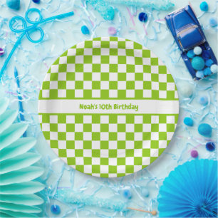 Lime Green Checked Pattern Personalised Paper Plate