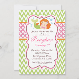 Lime Green Chevron and Pink Dots Mermaid Birthday Invitation