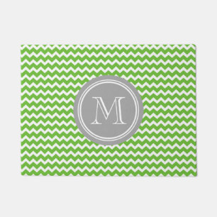 Lime Green Chevron Grey Monogram Doormat