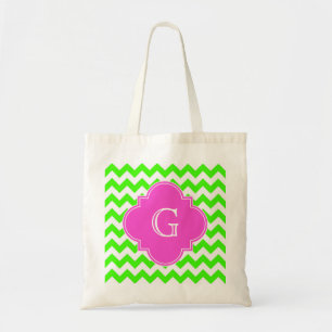 Lime Green Chevron Hot Pink Quatrefoil Monogram Tote Bag