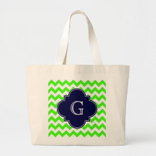 Lime Green Chevron Navy Blue Quatrefoil Monogram Large Tote Bag