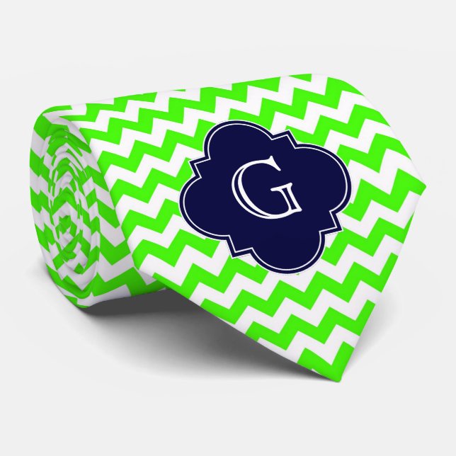 Lime Green Chevron Navy Blue Quatrefoil Monogram Tie (Rolled)