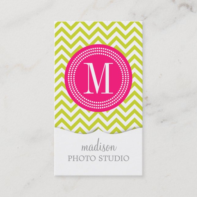 Lime Green Chevron Zigzag Personalised Monogram Business Card (Front)