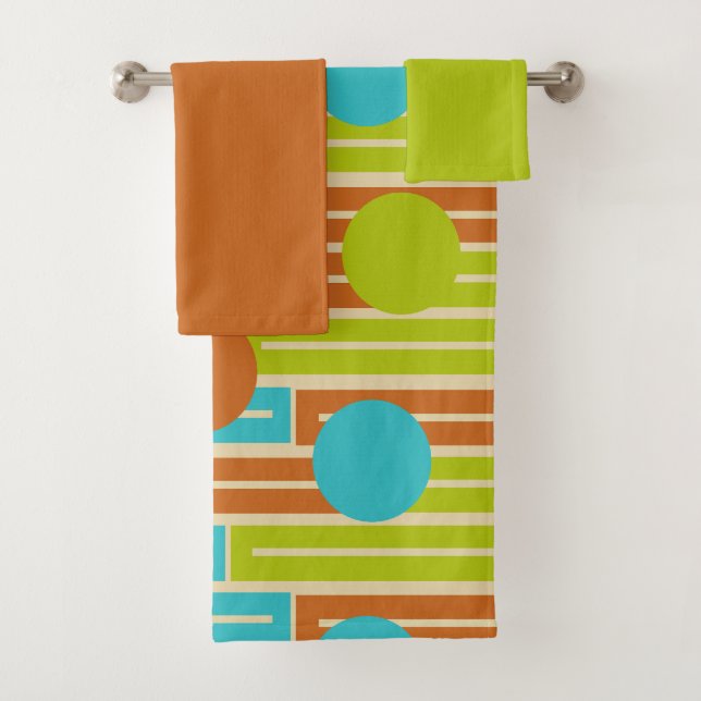 Lime Green, Cinnamon Brown, Turquoise Rectangles B Bath Towel Set (Insitu)