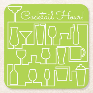 Lime green cocktail party square paper coaster